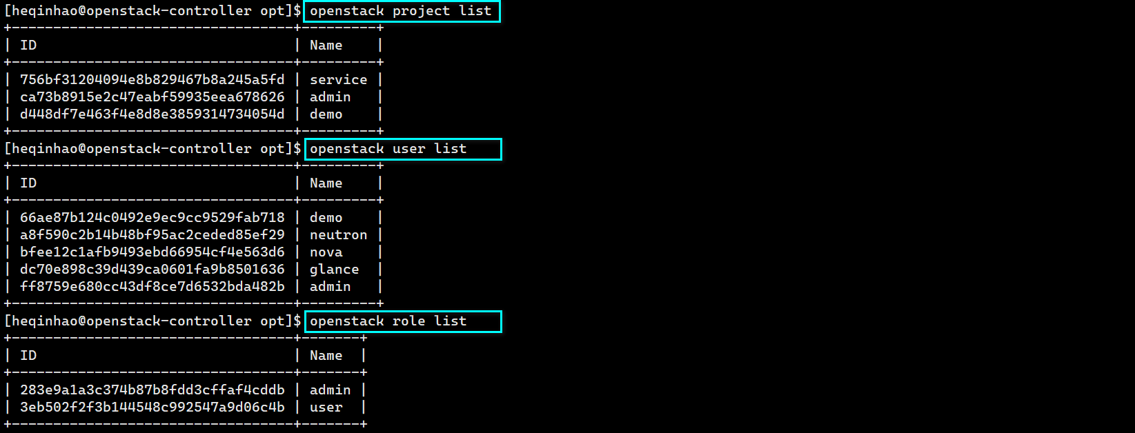 openstack -project & user & role-